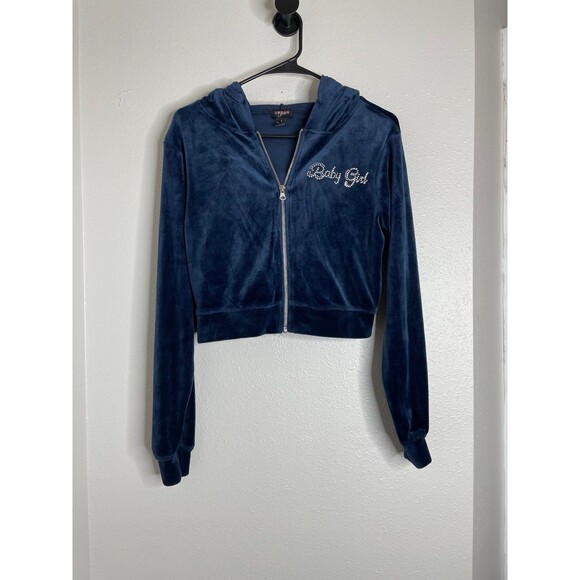 Y2K Velour “Baby Girl” Rhinestone Zip Up Hoodie | Urban Love Cropped Jacket - Picture 1 of 5